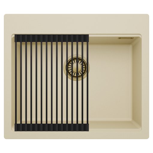 HD Infinity Beige 58 egymedencés gránit mosogatótálca szett, matt fekete csepegtetőráccsal, soft bézs színben, szálcsiszolt arany leeresztő szifonnal