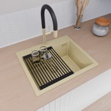 HD Infinity Beige 58 egymedencés gránit mosogatótálca szett, matt fekete csepegtetőráccsal, soft bézs színben, szálcsiszolt arany leeresztő szifonnal