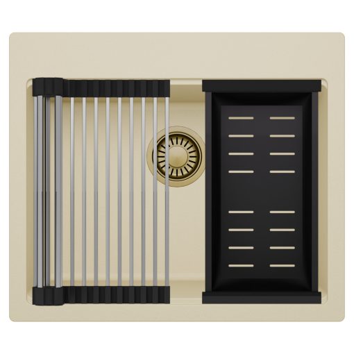 HD Infinity Beige 58 egymedencés gránit mosogatótálca szett, acél csepegtetőráccsal és matt fekete kosárral, soft bézs színben, szálcsiszolt arany leeresztő szifonnal