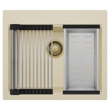 HD Infinity Beige 58 egymedencés gránit mosogatótálca szett, acél csepegtetőráccsal és kosárral, soft bézs színben, szálcsiszolt arany leeresztő szifonnal