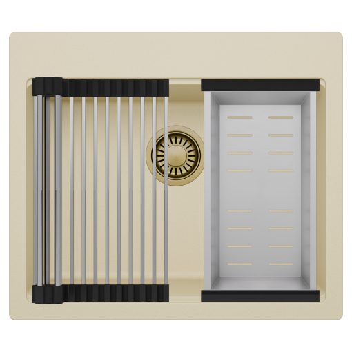 HD Infinity Beige 58 egymedencés gránit mosogatótálca szett, acél csepegtetőráccsal és kosárral, soft bézs színben, szálcsiszolt arany leeresztő szifonnal