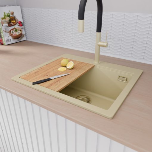 HD Infinity Beige 58 egymedencés gránit mosogatótálca szett, vágódeszkával, matt fekete csepegtetőráccsal, soft bézs színben, szálcsiszolt arany leeresztő szifonnal