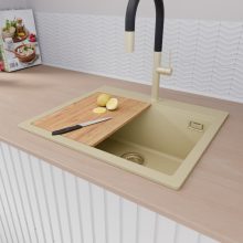 HD Infinity Beige 58 egymedencés gránit mosogatótálca szett, vágódeszkával, acél csepegtetőráccsal és matt fekete kosárral, soft bézs színben, szálcsiszolt arany leeresztő szifonnal