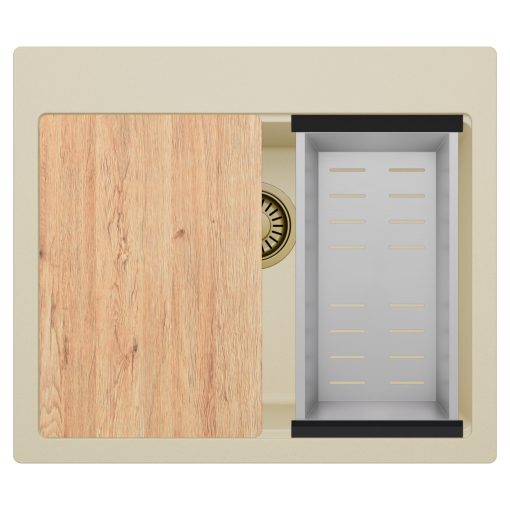 HD Infinity Beige 58 egymedencés gránit mosogatótálca szett, vágódeszkával, acél csepegtetőkosárral, soft bézs színben, szálcsiszolt arany leeresztő szifonnal