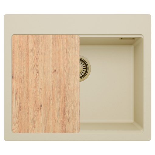 HD Infinity Beige 58 egymedencés gránit mosogatótálca, vágódeszkával, soft bézs színben, szálcsiszolt arany leeresztő szifonnal
