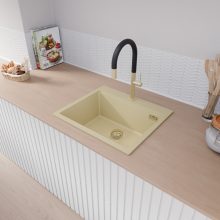 HD Infinity Beige 58 egymedencés gránit mosogatótálca, vágódeszkával, soft bézs színben, szálcsiszolt arany leeresztő szifonnal