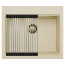 HD Infinity Beige 58 egymedencés gránit mosogatótálca szett, acél csepegtetőráccsal, soft bézs színben, szálcsiszolt arany leeresztő szifonnal