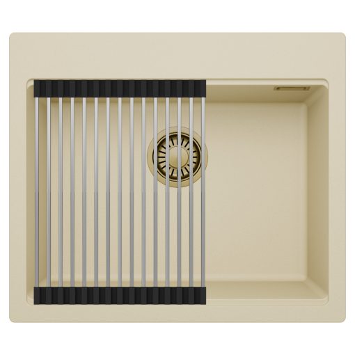 HD Infinity Beige 58 egymedencés gránit mosogatótálca szett, acél csepegtetőráccsal, soft bézs színben, szálcsiszolt arany leeresztő szifonnal