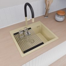 HD Infinity Beige 58 egymedencés gránit mosogatótálca szett, acél csepegtetőráccsal, soft bézs színben, szálcsiszolt arany leeresztő szifonnal