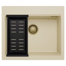 HD Infinity Beige 58 egymedencés gránit mosogatótálca szett, matt fekete csepegtetőkosárral, soft bézs színben, szálcsiszolt arany leeresztő szifonnal