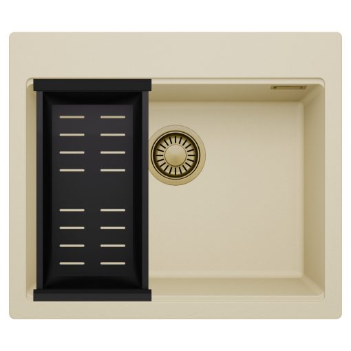 HD Infinity Beige 58 egymedencés gránit mosogatótálca szett, matt fekete csepegtetőkosárral, soft bézs színben, szálcsiszolt arany leeresztő szifonnal