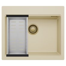 HD Infinity Beige 58 egymedencés gránit mosogatótálca szett, acél csepegtetőkosárral, soft bézs színben, szálcsiszolt arany leeresztő szifonnal