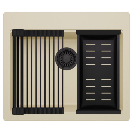 HD Infinity Beige 58 egymedencés gránit mosogatótálca szett, matt fekete csepegtetőráccsal és kosárral, soft bézs színben, matt fekete leeresztő szifonnal