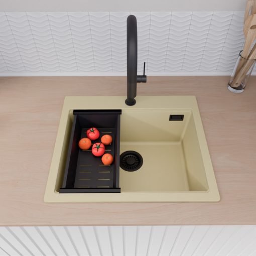HD Infinity Beige 58 egymedencés gránit mosogatótálca szett, matt fekete csepegtetőráccsal és kosárral, soft bézs színben, matt fekete leeresztő szifonnal