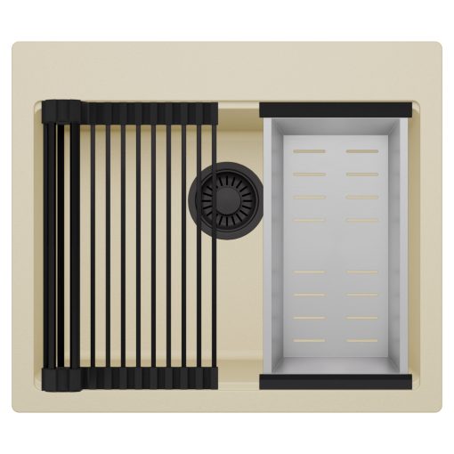 HD Infinity Beige 58 egymedencés gránit mosogatótálca szett, matt fekete csepegtetőráccsal és krómozott kosárral, soft bézs színben, matt fekete leeresztő szifonnal