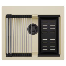 HD Infinity Beige 58 egymedencés gránit mosogatótálca szett, acél csepegtetőráccsal és matt fekete kosárral, soft bézs színben, matt fekete leeresztő szifonnal