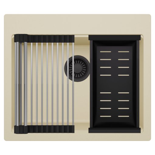 HD Infinity Beige 58 egymedencés gránit mosogatótálca szett, acél csepegtetőráccsal és matt fekete kosárral, soft bézs színben, matt fekete leeresztő szifonnal