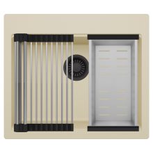 HD Infinity Beige 58 egymedencés gránit mosogatótálca szett, acél csepegtetőráccsal és kosárral, soft bézs színben, matt fekete leeresztő szifonnal