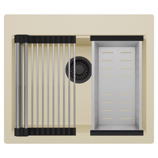 HD Infinity Beige 58 egymedencés gránit mosogatótálca szett, acél csepegtetőráccsal és kosárral, soft bézs színben, matt fekete leeresztő szifonnal