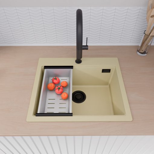 HD Infinity Beige 58 egymedencés gránit mosogatótálca szett, acél csepegtetőráccsal és kosárral, soft bézs színben, matt fekete leeresztő szifonnal