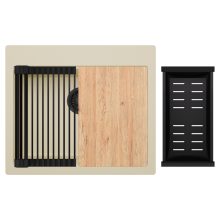 HD Infinity Beige 58 egymedencés gránit mosogatótálca szett, vágódeszkával, matt fekete csepegtetőráccsal és kosárral, soft bézs színben, matt fekete leeresztő szifonnal