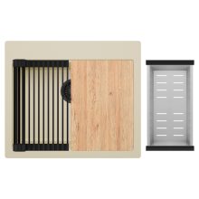 HD Infinity Beige 58 egymedencés gránit mosogatótálca szett, vágódeszkával, matt fekete csepegtetőráccsal és krómozott kosárral, soft bézs színben, matt fekete leeresztő szifonnal