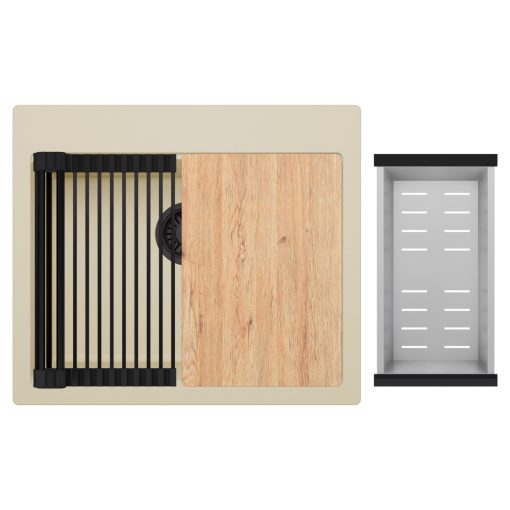 HD Infinity Beige 58 egymedencés gránit mosogatótálca szett, vágódeszkával, matt fekete csepegtetőráccsal és krómozott kosárral, soft bézs színben, matt fekete leeresztő szifonnal