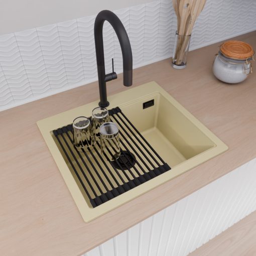 HD Infinity Beige 58 egymedencés gránit mosogatótálca szett, vágódeszkával, matt fekete csepegtetőráccsal, soft bézs színben, matt fekete leeresztő szifonnal