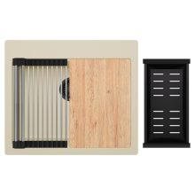 HD Infinity Beige 58 egymedencés gránit mosogatótálca szett, vágódeszkával, acél csepegtetőráccsal és matt fekete kosárral, soft bézs színben, matt fekete leeresztő szifonnal