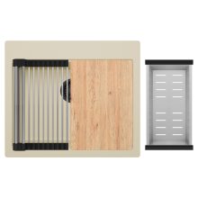 HD Infinity Beige 58 egymedencés gránit mosogatótálca szett, vágódeszkával, acél csepegtetőráccsal és kosárral, soft bézs színben, matt fekete leeresztő szifonnal