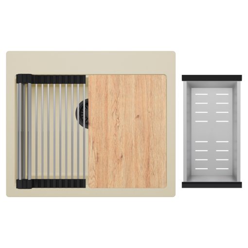 HD Infinity Beige 58 egymedencés gránit mosogatótálca szett, vágódeszkával, acél csepegtetőráccsal és kosárral, soft bézs színben, matt fekete leeresztő szifonnal