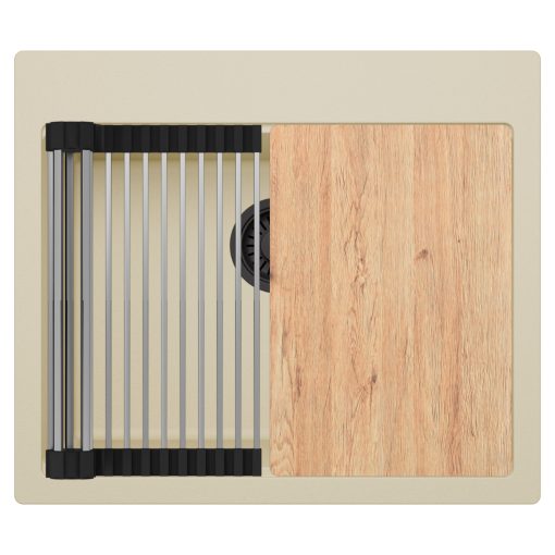 HD Infinity Beige 58 egymedencés gránit mosogatótálca szett, vágódeszkával, acél csepegtetőráccsal, soft bézs színben, matt fekete leeresztő szifonnal