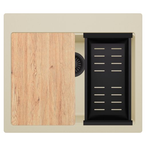 HD Infinity Beige 58 egymedencés gránit mosogatótálca szett, vágódeszkával, matt fekete csepegtetőkosárral, soft bézs színben, matt fekete leeresztő szifonnal