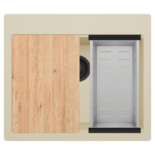 HD Infinity Beige 58 egymedencés gránit mosogatótálca szett, vágódeszkával, acél csepegtetőkosárral, soft bézs színben, matt fekete leeresztő szifonnal