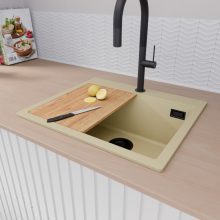 HD Infinity Beige 58 egymedencés gránit mosogatótálca szett, vágódeszkával, acél csepegtetőkosárral, soft bézs színben, matt fekete leeresztő szifonnal