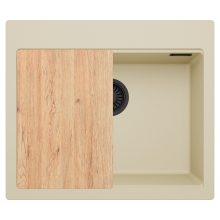 HD Infinity Beige 58 egymedencés gránit mosogatótálca, vágódeszkával, soft bézs színben, matt fekete leeresztő szifonnal