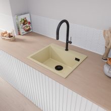 HD Infinity Beige 58 egymedencés gránit mosogatótálca, vágódeszkával, soft bézs színben, matt fekete leeresztő szifonnal