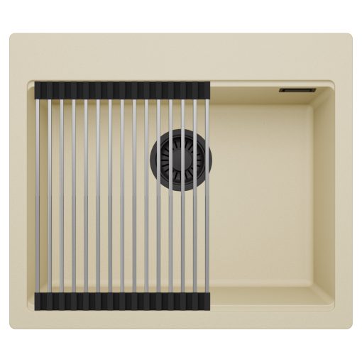 HD Infinity Beige 58 egymedencés gránit mosogatótálca szett, acél csepegtetőráccsal, soft bézs színben, matt fekete leeresztő szifonnal