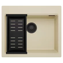 HD Infinity Beige 58 egymedencés gránit mosogatótálca szett, matt fekete csepegtetőkosárral, soft bézs színben, matt fekete leeresztő szifonnal