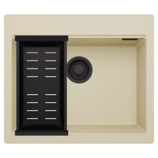 HD Infinity Beige 58 egymedencés gránit mosogatótálca szett, matt fekete csepegtetőkosárral, soft bézs színben, matt fekete leeresztő szifonnal