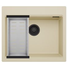 HD Infinity Beige 58 egymedencés gránit mosogatótálca szett, acél csepegtetőkosárral, soft bézs színben, matt fekete leeresztő szifonnal