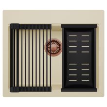 HD Infinity Beige 58 egymedencés gránit mosogatótálca szett, matt fekete csepegtetőráccsal és kosárral, soft bézs színben, szálcsiszolt réz leeresztő szifonnal