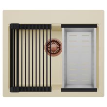 HD Infinity Beige 58 egymedencés gránit mosogatótálca szett, matt fekete csepegtetőráccsal és krómozott kosárral, soft bézs színben, szálcsiszolt réz leeresztő szifonnal