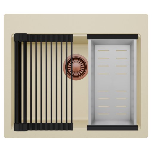 HD Infinity Beige 58 egymedencés gránit mosogatótálca szett, matt fekete csepegtetőráccsal és krómozott kosárral, soft bézs színben, szálcsiszolt réz leeresztő szifonnal