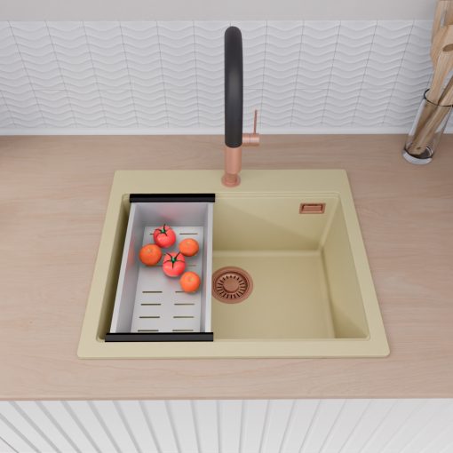 HD Infinity Beige 58 egymedencés gránit mosogatótálca szett, matt fekete csepegtetőráccsal és krómozott kosárral, soft bézs színben, szálcsiszolt réz leeresztő szifonnal