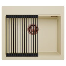 HD Infinity Beige 58 egymedencés gránit mosogatótálca szett, matt fekete csepegtetőráccsal, soft bézs színben, szálcsiszolt réz leeresztő szifonnal