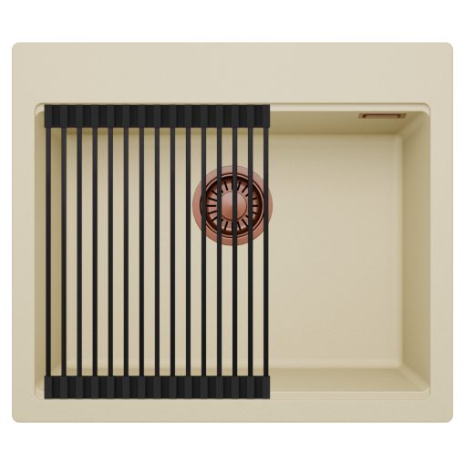 HD Infinity Beige 58 egymedencés gránit mosogatótálca szett, matt fekete csepegtetőráccsal, soft bézs színben, szálcsiszolt réz leeresztő szifonnal