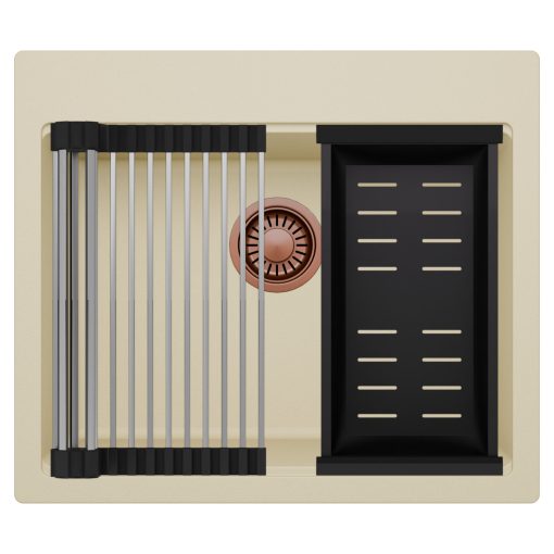 HD Infinity Beige 58 egymedencés gránit mosogatótálca szett, acél csepegtetőráccsal és matt fekete kosárral, soft bézs színben, szálcsiszolt réz leeresztő szifonnal