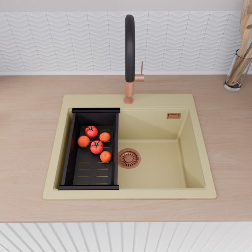 HD Infinity Beige 58 egymedencés gránit mosogatótálca szett, acél csepegtetőráccsal és matt fekete kosárral, soft bézs színben, szálcsiszolt réz leeresztő szifonnal