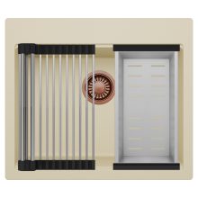 HD Infinity Beige 58 egymedencés gránit mosogatótálca szett, acél csepegtetőráccsal és kosárral, soft bézs színben, szálcsiszolt réz leeresztő szifonnal